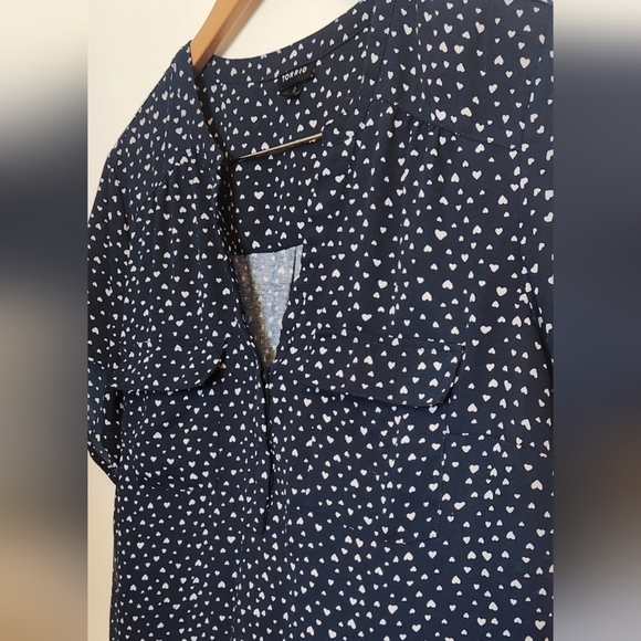 Torrid Navy Button Down Shirt with White Heart Print - Picture 3 of 4